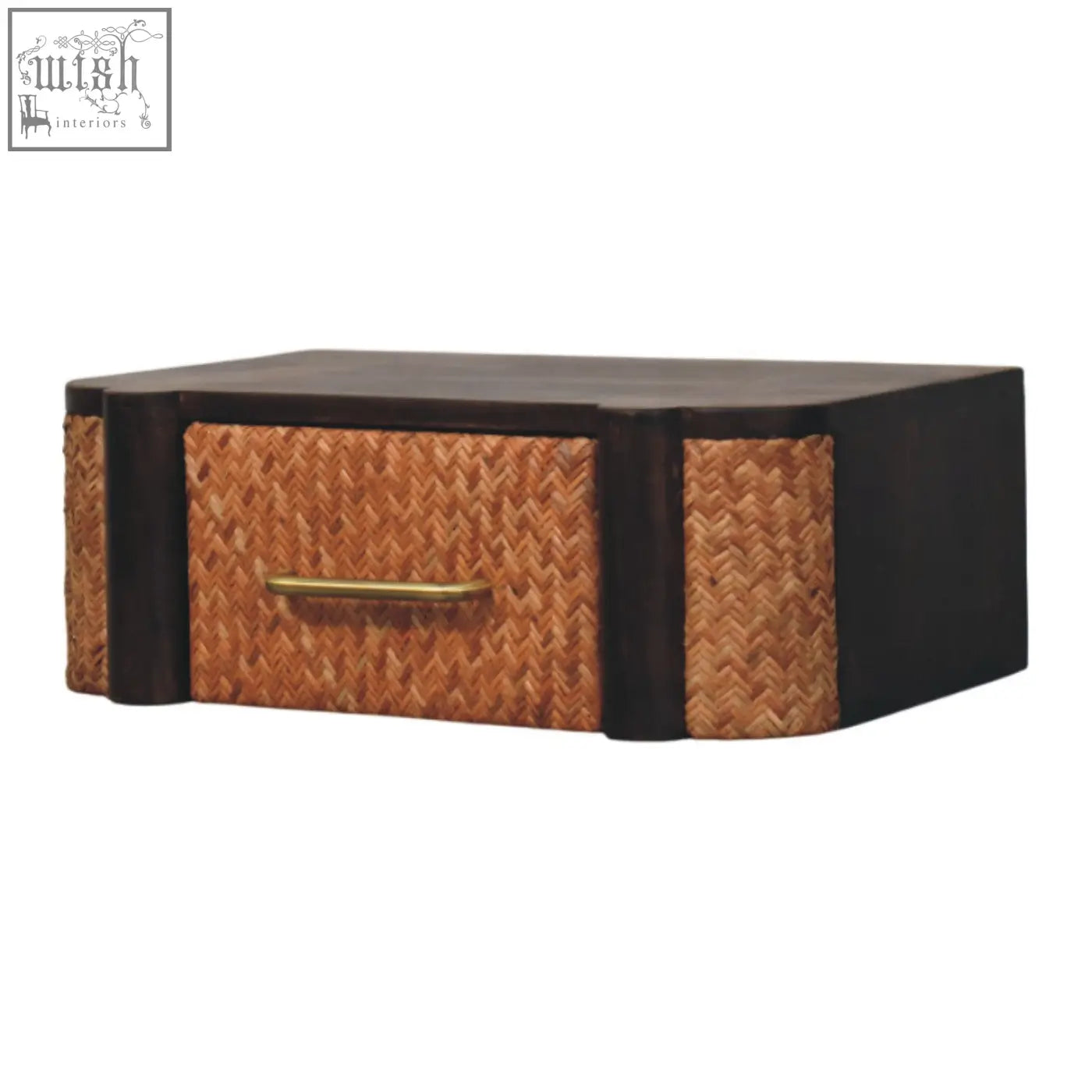 Rattan curve wall-mounted drawer bedside table with dark finish wood, woven brown rattan sides, and brass handle
