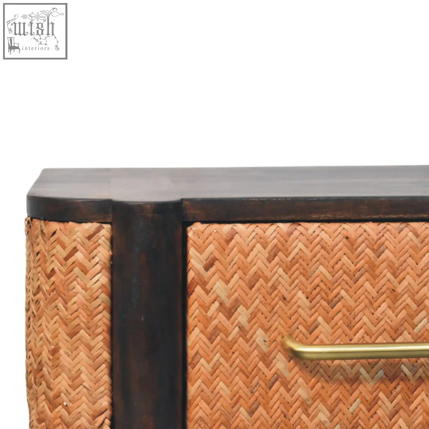 Rattan curve wall-mounted drawer bedside table with rattan-woven drawer front, dark finish wood frame, and brass handle