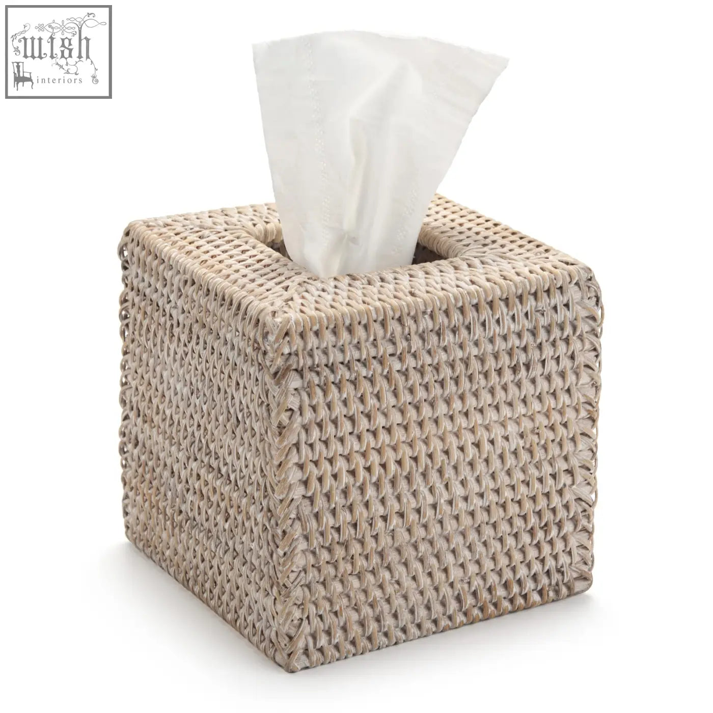 Beige woven rattan tissue box cover with white paper towel partially pulled out perfect for home office car use