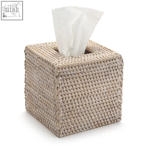 Beige woven rattan tissue box cover with white paper towel partially pulled out perfect for home office car use