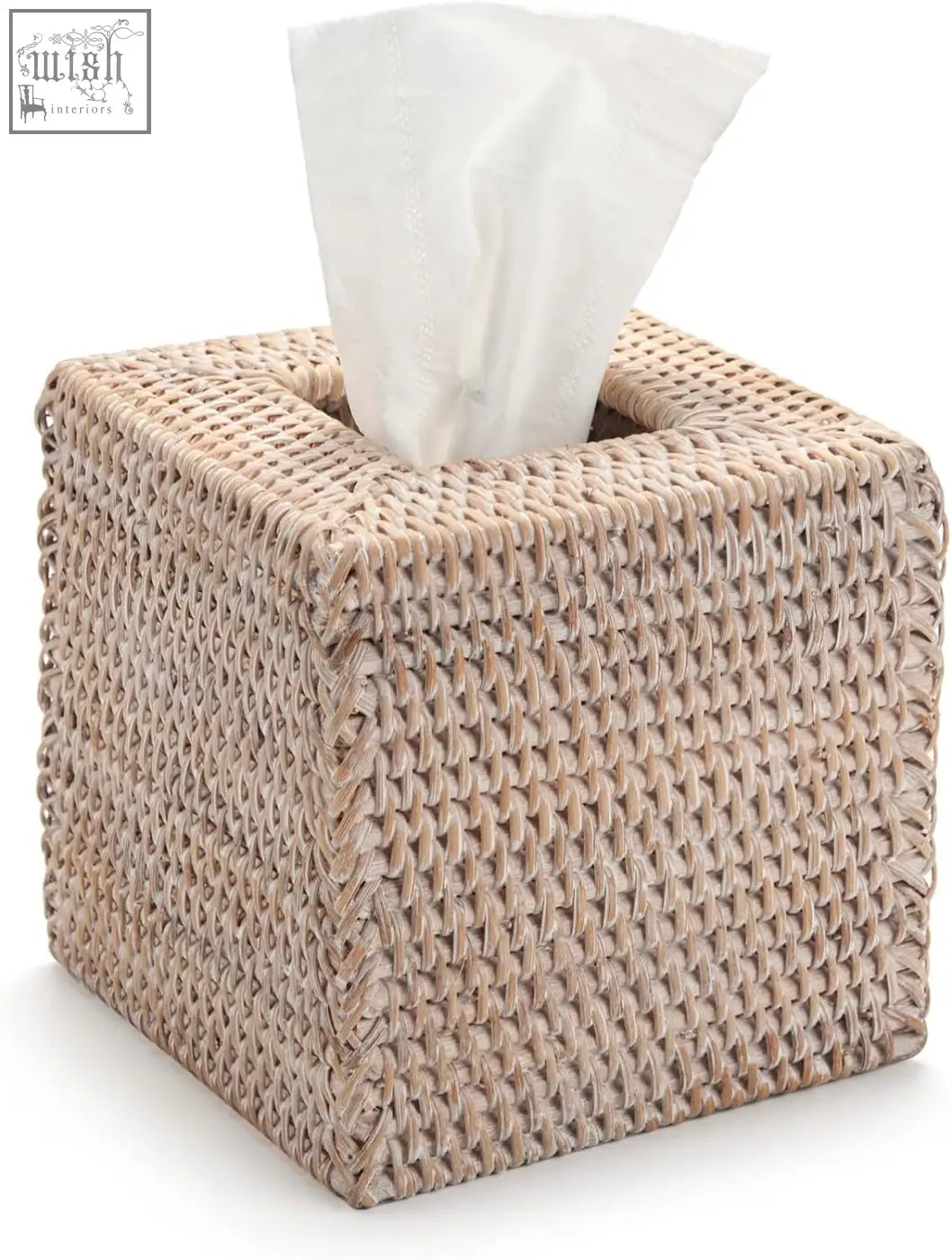 Beige woven rattan tissue box cover with white paper towel partially pulled out for bathroom or living room use