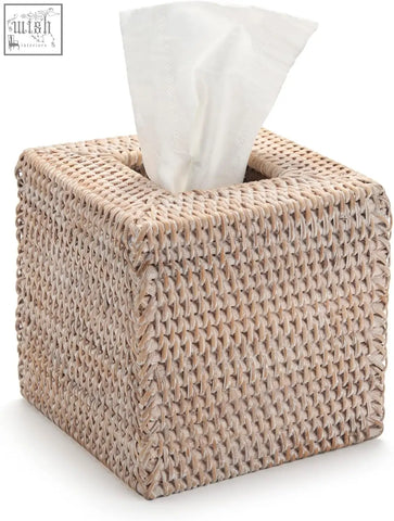 Beige woven rattan tissue box cover with white paper towel partially pulled out for bathroom or living room use