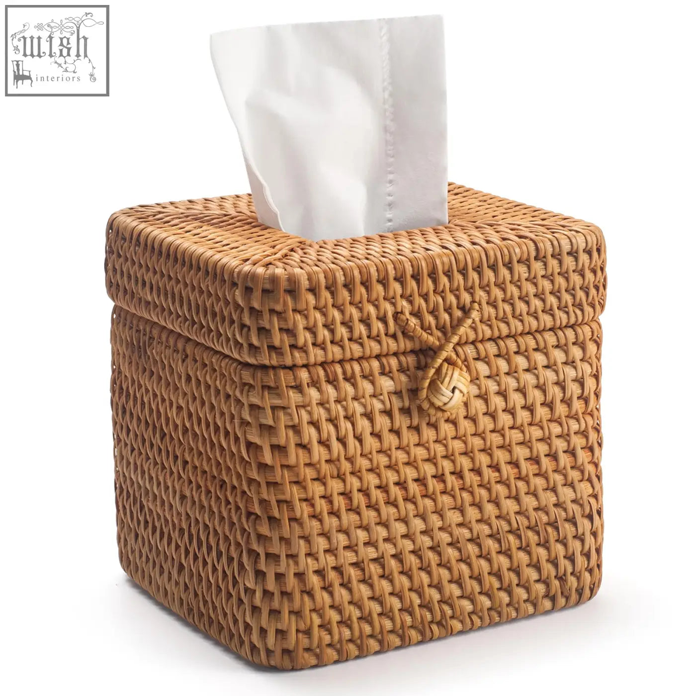 A natural tan rattan tissue box cover with a woven wicker design and a knotted handle for bathroom or living room use