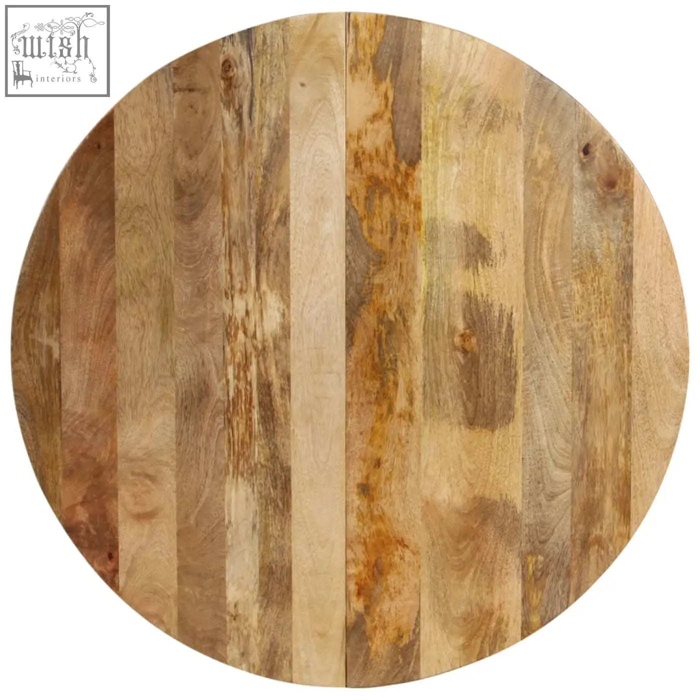 Circular dining table with ray mango wood vertical planks in warm light brown and amber tones and rustic finish