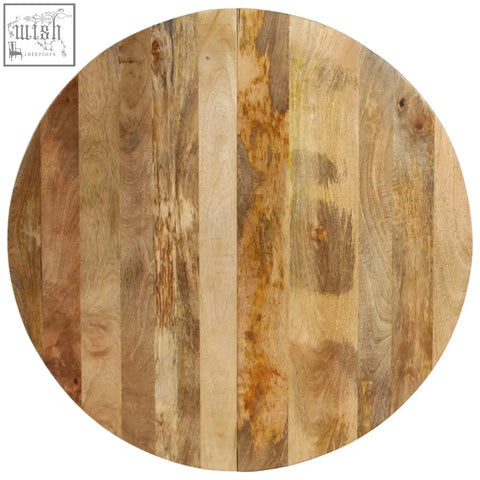 Circular dining table with ray mango wood vertical planks in warm light brown and amber tones and rustic finish