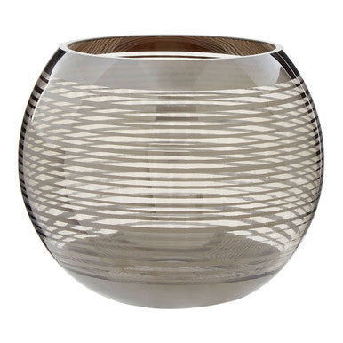 Sleek small rounded glass vase with subtle gray tint and intricate horizontal ribbed texture perfect for decor