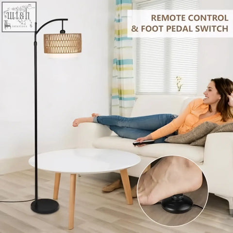 Black metal floor lamp with woven wicker shade boho floor lamp for living room with dimmable remote control