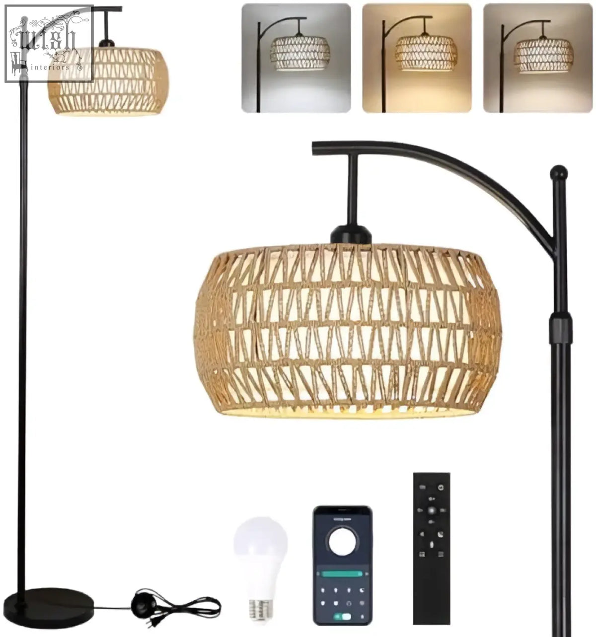 Natural woven wicker lampshade on black metal arch and base arc floor lamp perfect for living room lighting