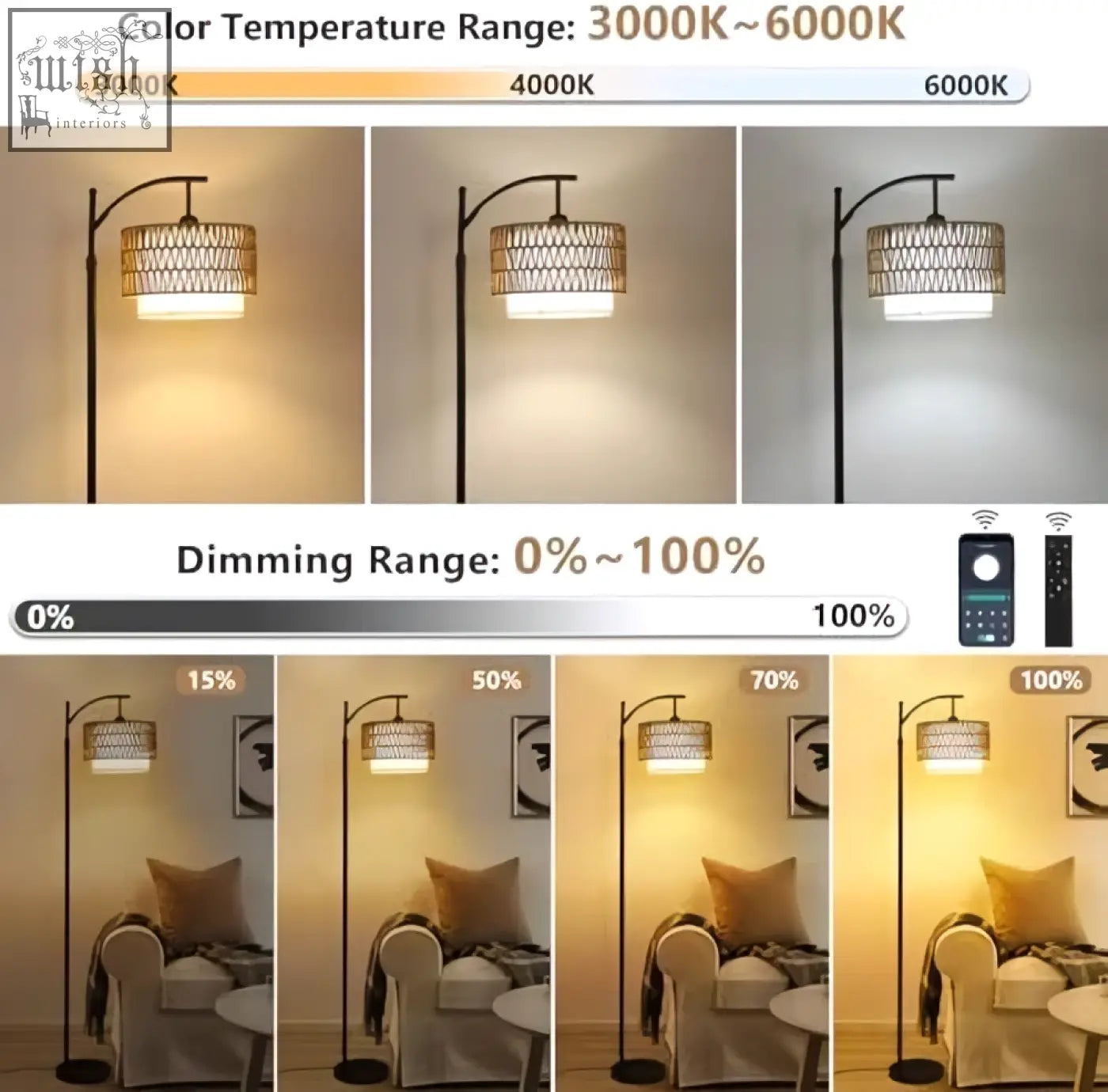 A black metal frame floor lamp with woven wicker shade and adjustable color for living room boho floor lamp lighting