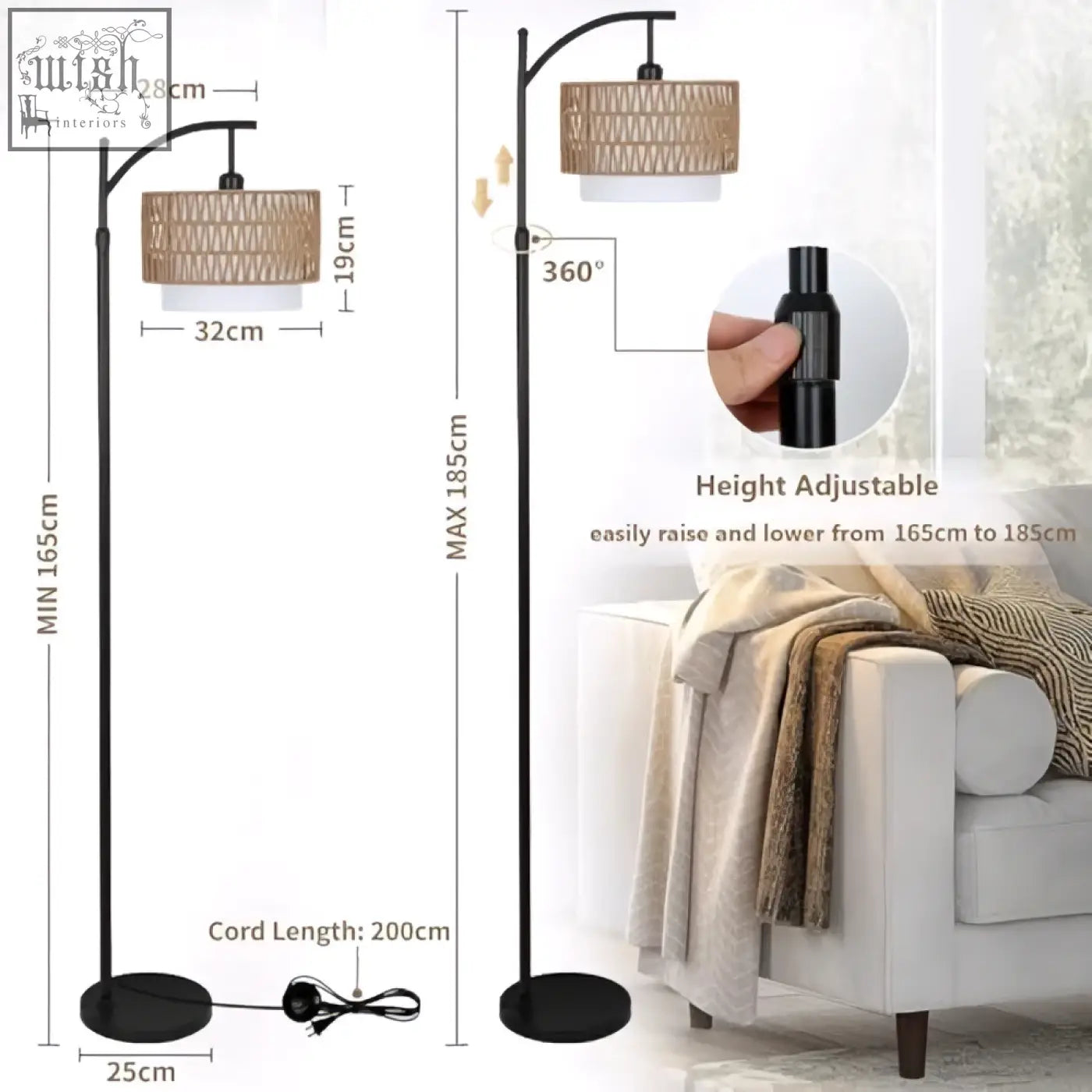 Black metal floor lamp with woven wicker shade and adjustable height perfect boho floor lamp for living room or office