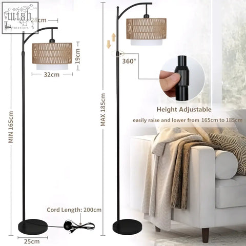 Black metal floor lamp with woven wicker shade and adjustable height perfect boho floor lamp for living room or office