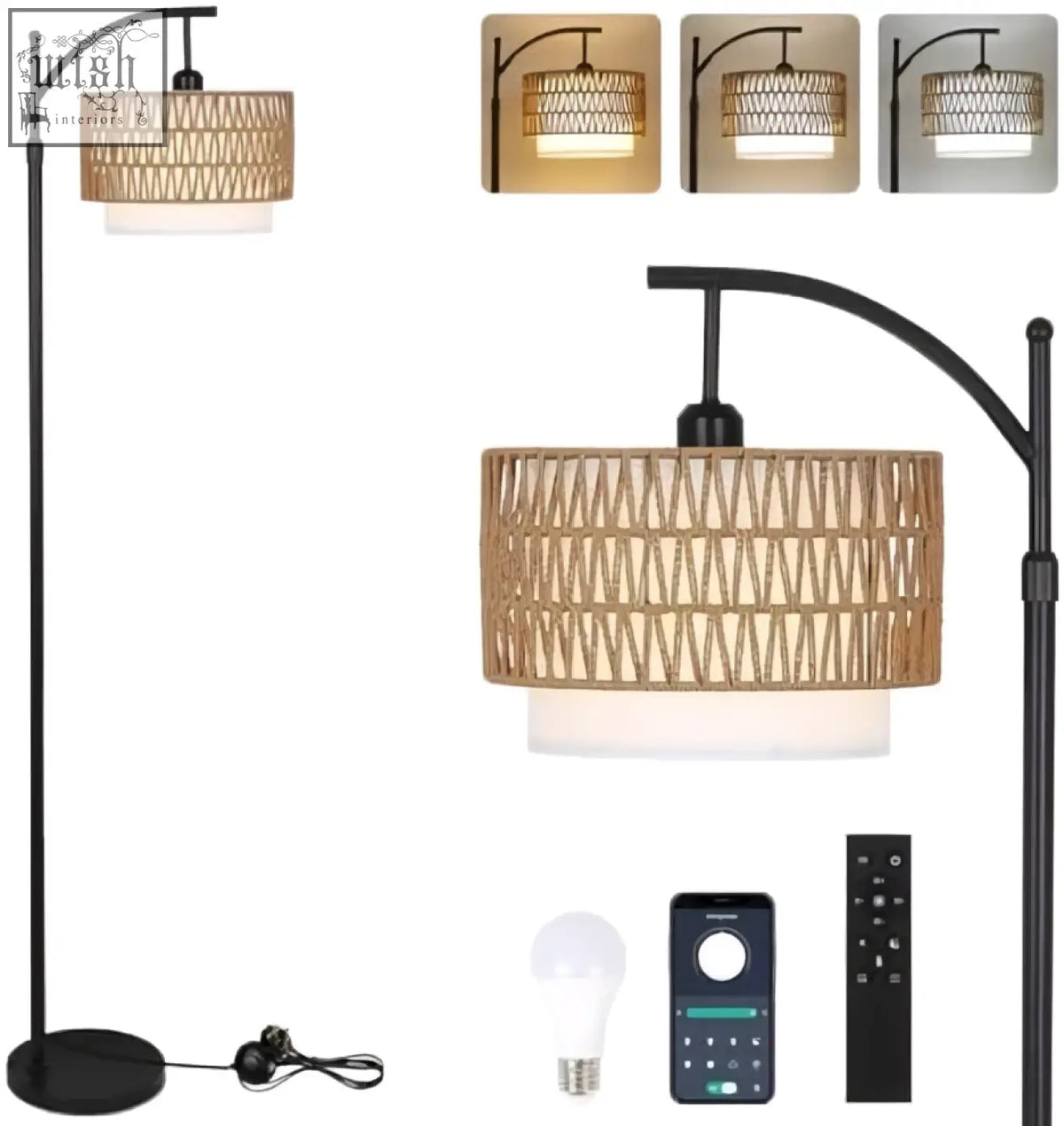Black metal floor lamp with woven natural wicker shade and integrated led lighting perfect for a boho living room