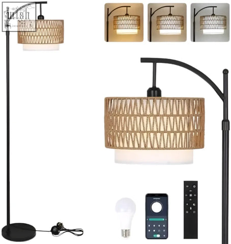 Black metal floor lamp with woven natural wicker shade and integrated led lighting perfect for a boho living room