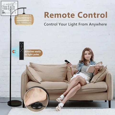 A sleek black arc floor lamp with woven wicker shade and remote control perfect for living room lighting