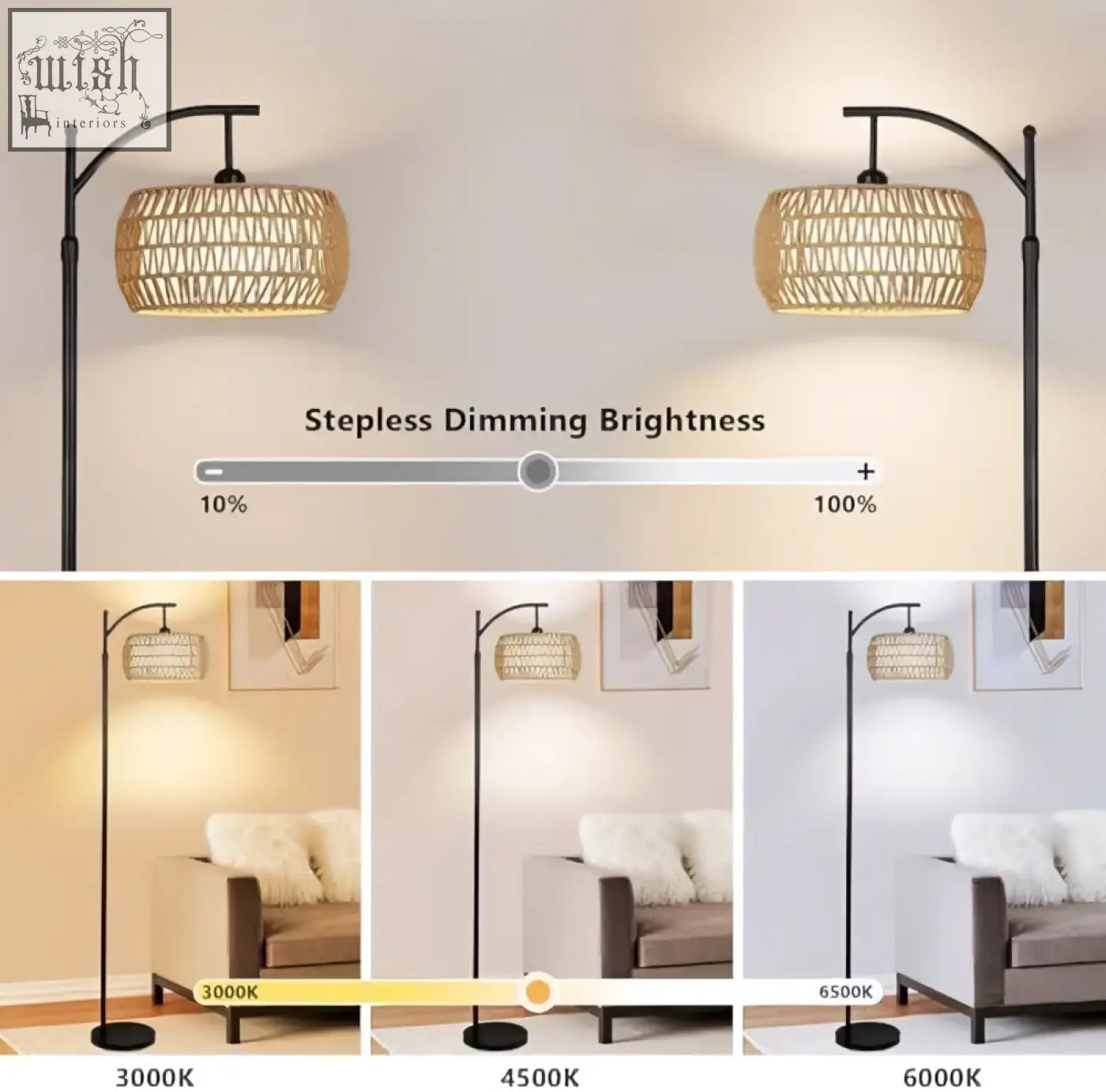 Black metal arc floor lamp with woven natural fiber shade dimmable for living room and reading areas