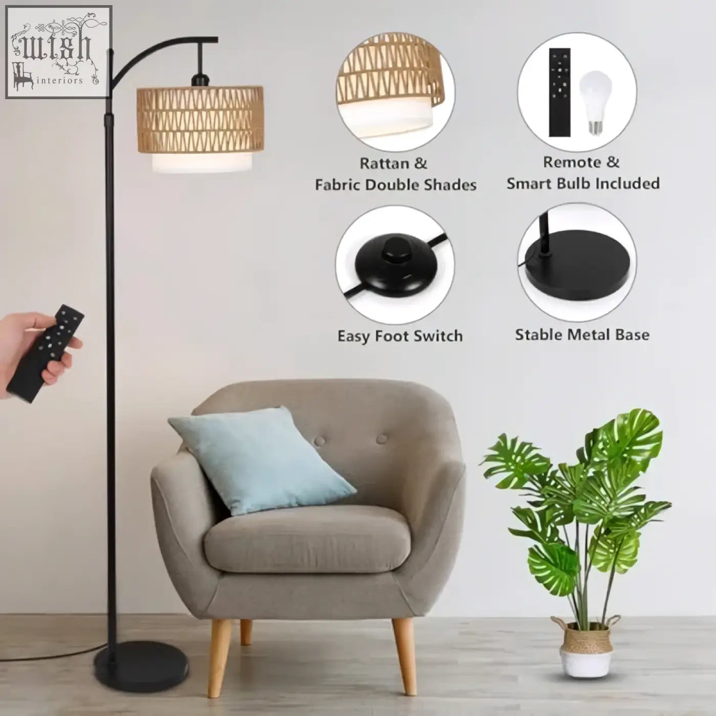 Black floor lamp with woven rattan and fabric double shade perfect boho floor lamp for living room and reading space