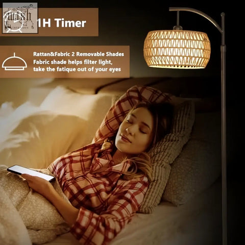 Warm-toned woven rattan and fabric arc floor lamp with removable shades for cozy living room lighting