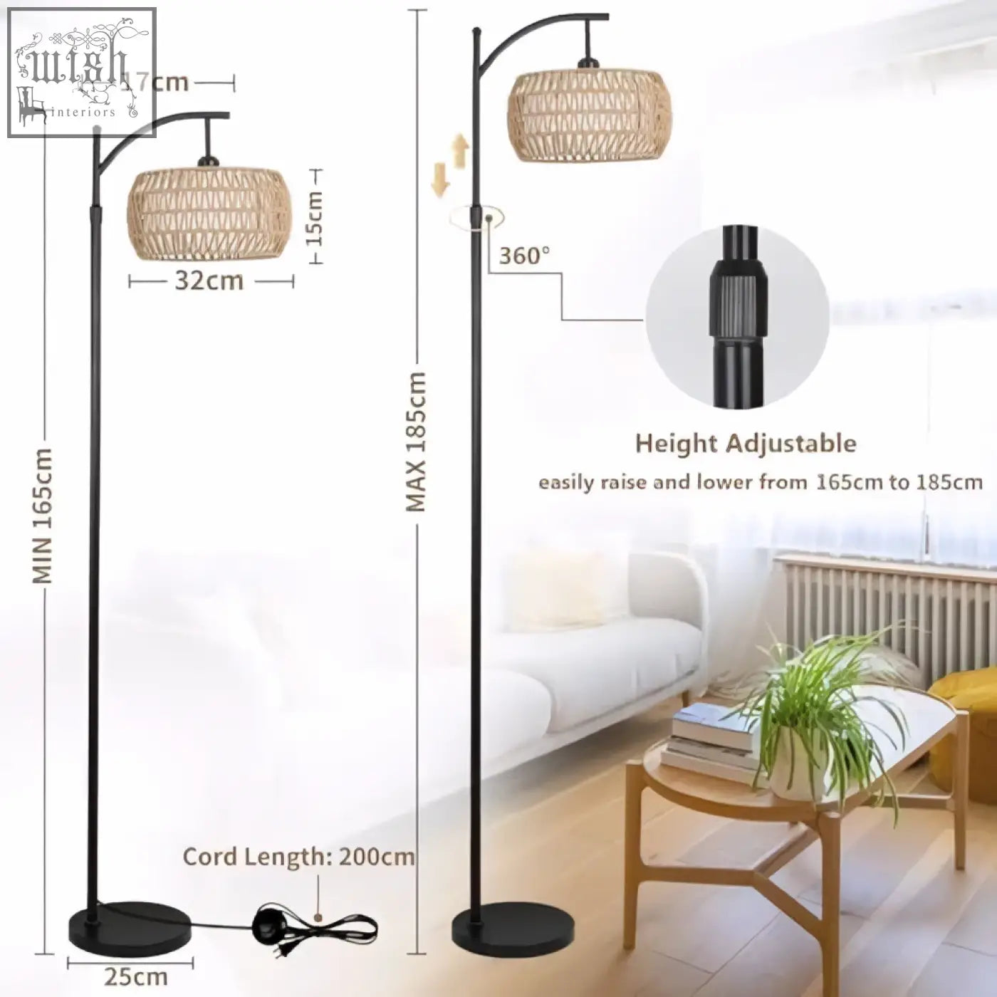 Black metal arc floor lamp with woven wicker shade and adjustable height perfect for living room lighting