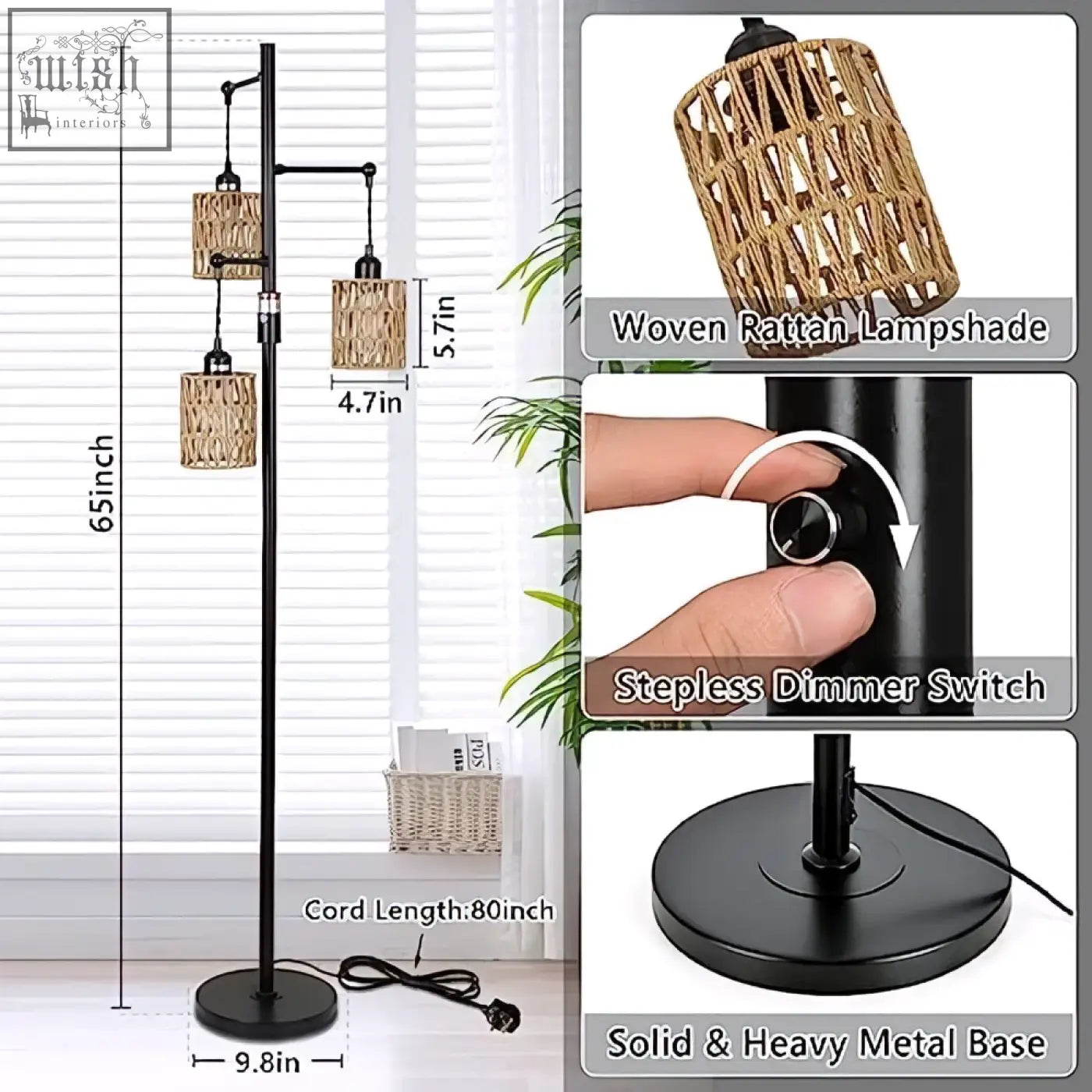 Black rattan floor lamp with three woven shades and metal base perfect for living room boho decor