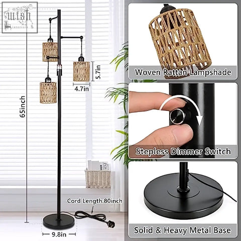 Black rattan floor lamp with three woven shades and metal base perfect for living room boho decor