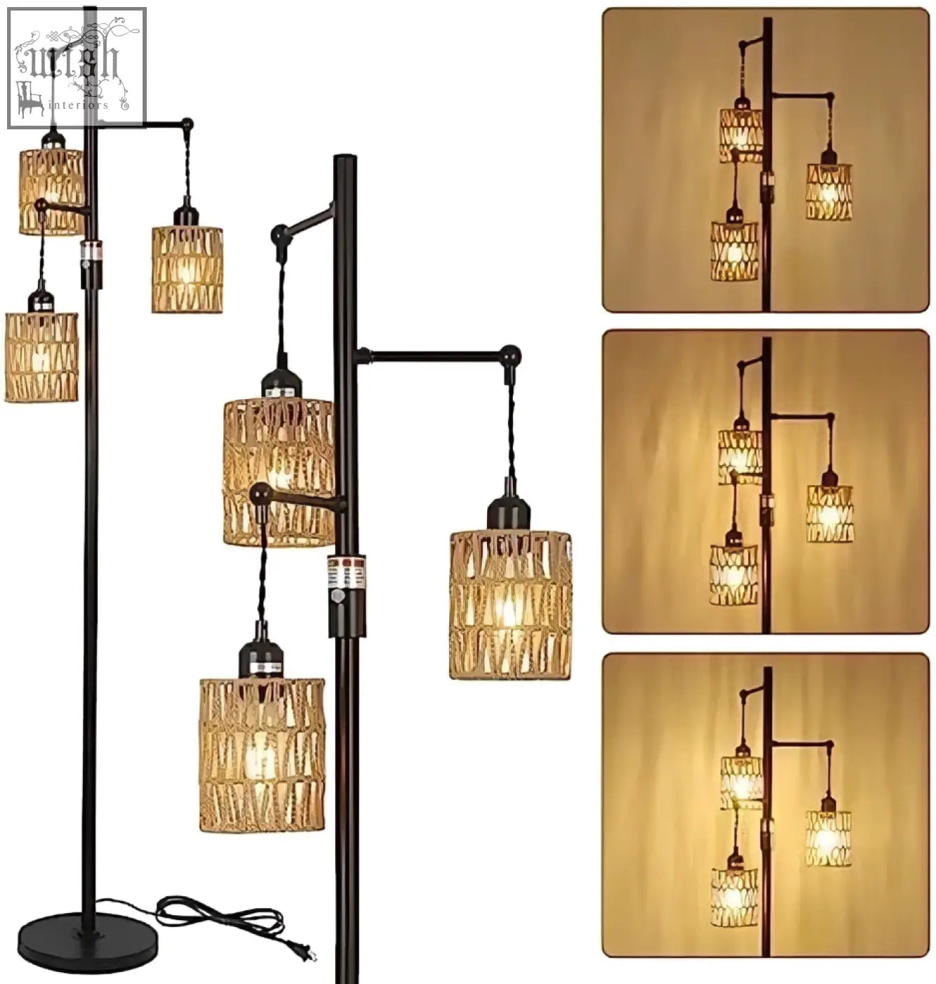 Black metal rattan floor lamp with five woven shades dimmable perfect for living room and farmhouse decor