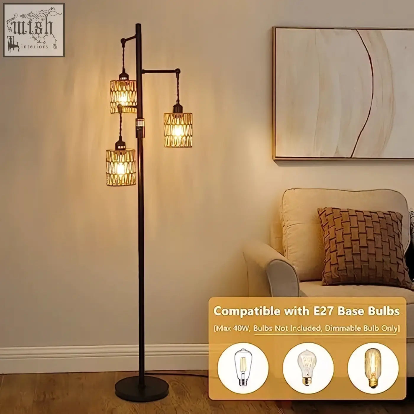 Black metal floor lamp with three hanging glass shades dimmable rattan floor lamp for living room boho style