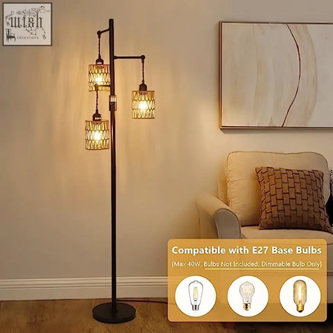 Black metal floor lamp with three hanging glass shades dimmable rattan floor lamp for living room boho style