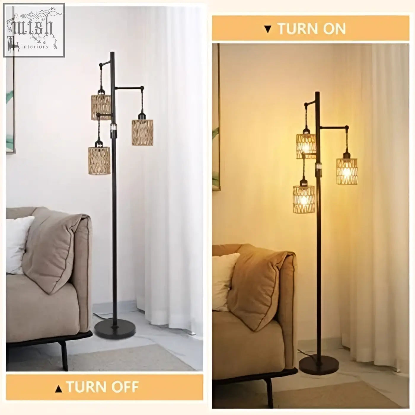 Black metal rattan floor lamp with three woven glass shades dimmable boho style for living room lighting