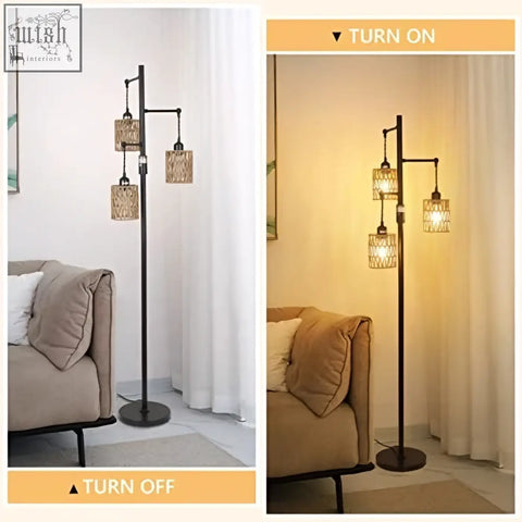 Black metal rattan floor lamp with three woven glass shades dimmable boho style for living room lighting