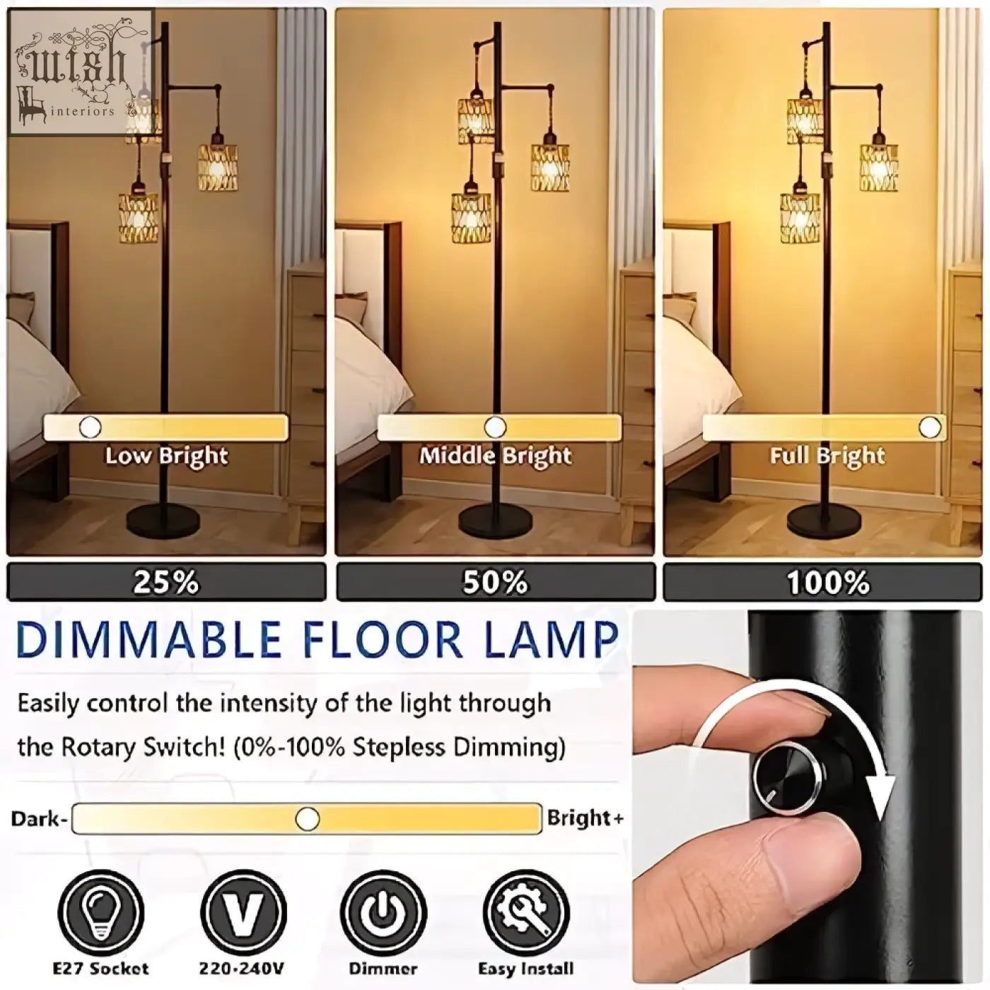Black metal rattan floor lamp with three hanging glass shades and dimmer switch perfect for living room lighting