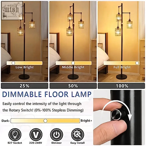 Black metal rattan floor lamp with three hanging glass shades and dimmer switch perfect for living room lighting