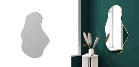 Abstractly shaped metallic silver mirror with sleek modern design in the re44 mirror for stylish home décor