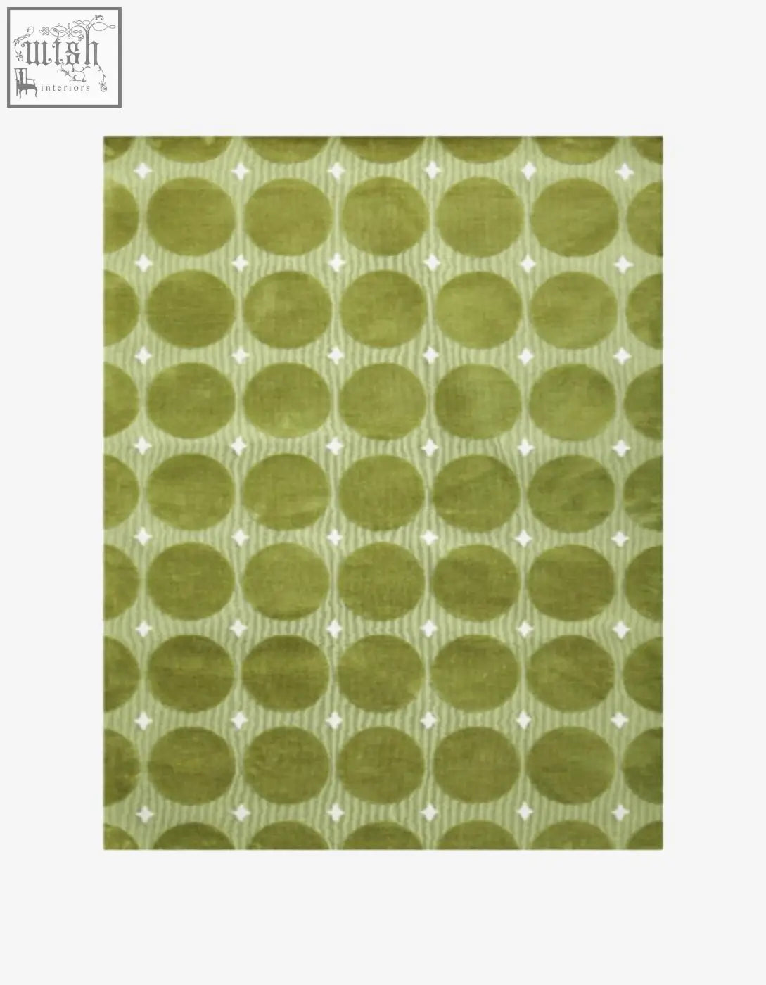Rebekah living room rug in olive green with circular patterns and white diamonds perfect for coffee table set use