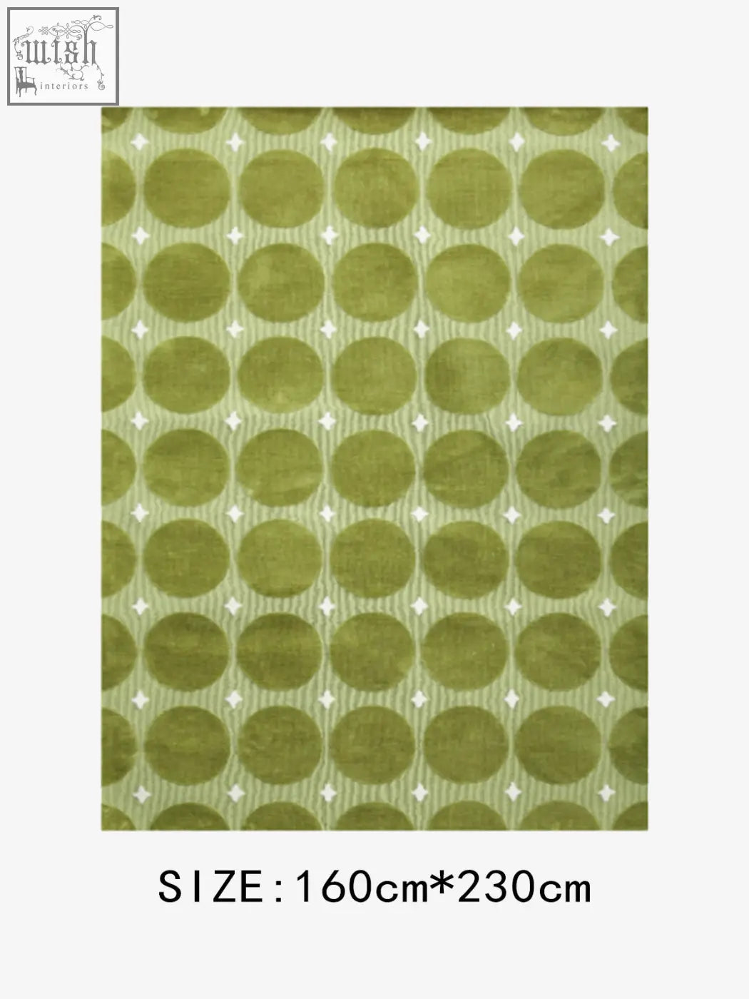 Olive green rebekah living room rug with textured circular motifs and white diamonds, perfect for coffee table set area
