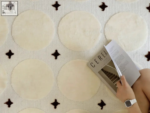 A person holding an open magazine above a rebekah living room rug with various styles perfect for coffee table sets