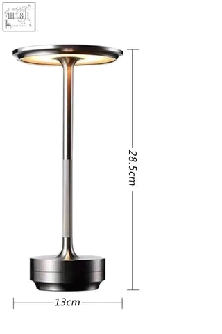 Modern minimalist rechargeable table lamp with sleek brushed metallic aluminum finish and cylindrical design