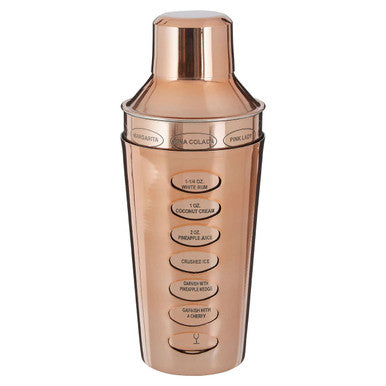 Rose gold cocktail shaker with copper finish engraved measurement markings and sleek cylindrical design perfect for mixing drinks