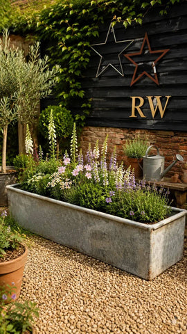 A large reclaimed galvanised trough planter with internal strengthening bar filled with greenery and purple white flowers
