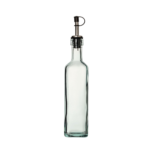 Clear recycled square glass piri bottle with sleek rectangular body and metallic pour spout with black seal