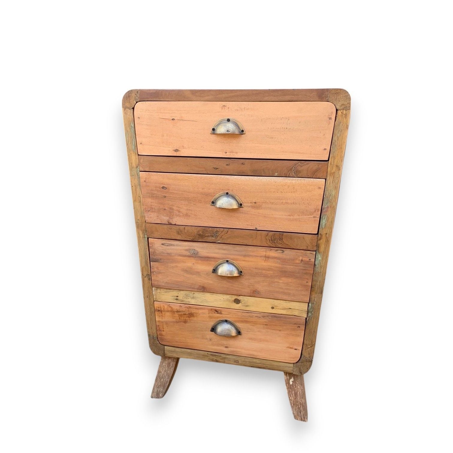 Recycled teak wood chest of drawers with four rustic drawers and vintage-style metallic handles in natural finish