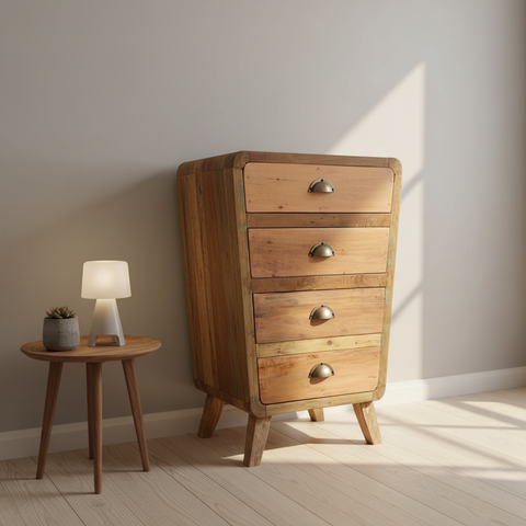 Light brown recycled teak wood chest of drawers with four stacked drawers and metallic half-moon handles 52x43x77cm