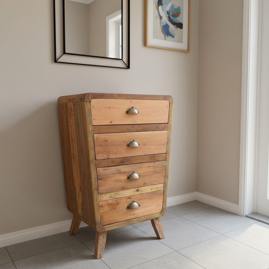 A rustic recycled teak wood chest of drawers with four light weathered fronts and metal handles for storage