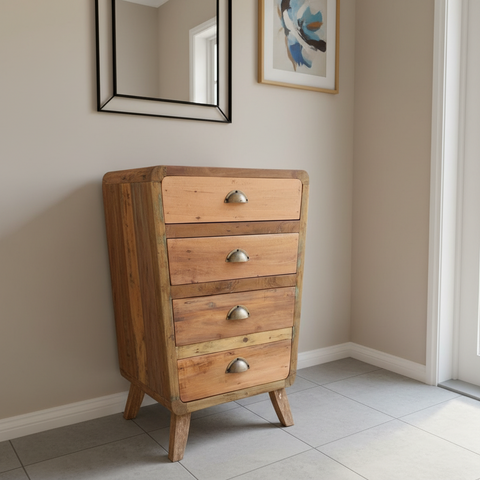 A rustic recycled teak wood chest of drawers with four light weathered fronts and metal handles for storage