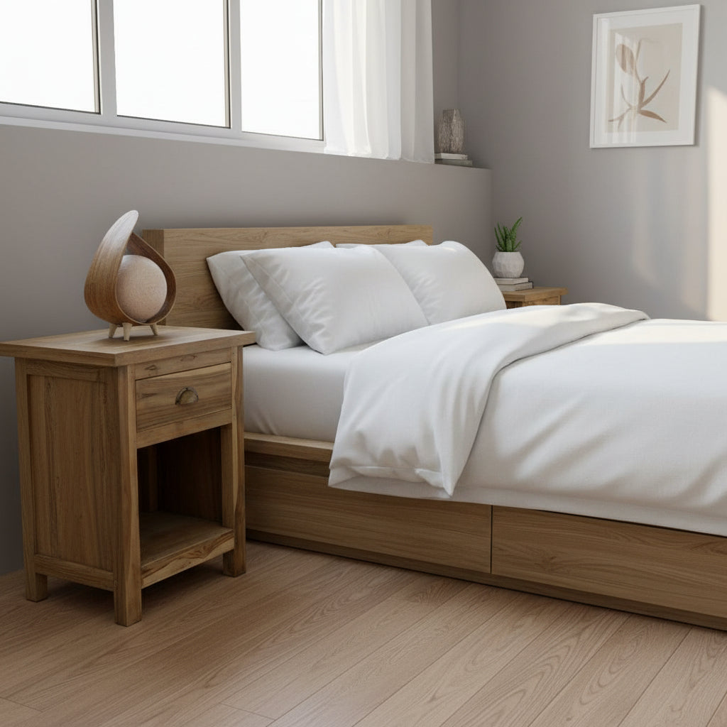 Light oak teak wood bedside table with single drawer and open shelf classic recycled teak wood design
