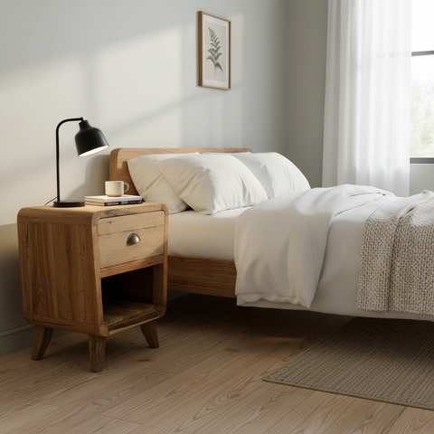 Light brown teak wood nightstand with single drawer and tapered legs made from upcycled teak wood from retired fishing boats