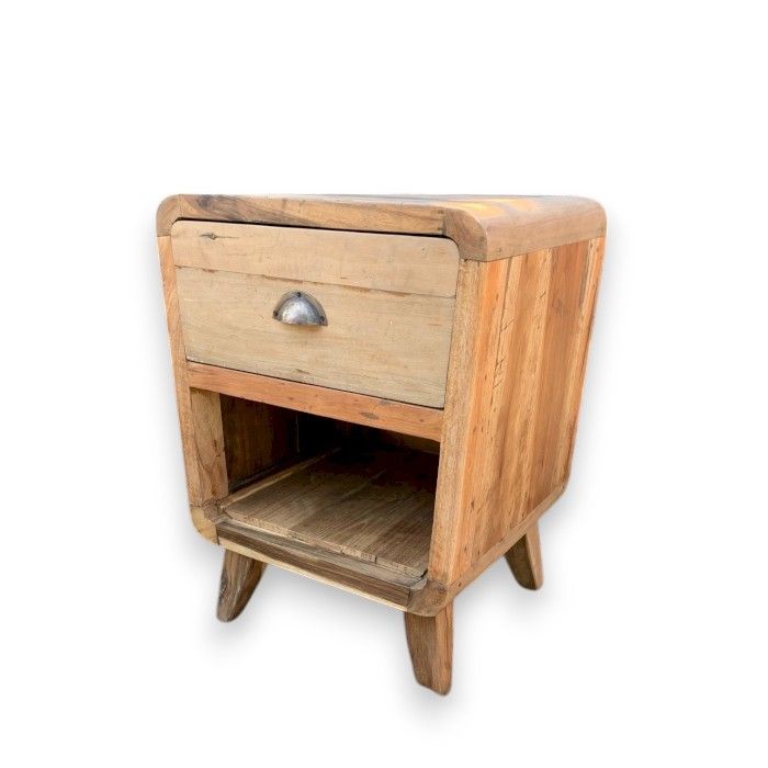 Rustic upcycled teak wood nightstand with single drawer silver handle and open shelf made from retired fishing boats