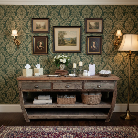 Rustic wooden console table with three drawers and metal handles in weathered gray recycled teak wood finish