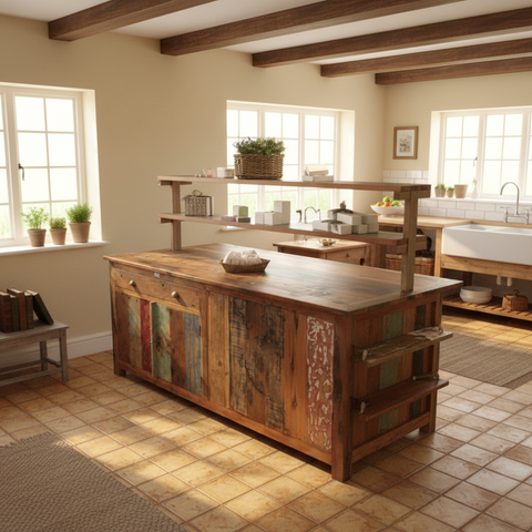 Rustic centre display table with weathered multi-toned recycled teak wood panels and thick natural wood countertop