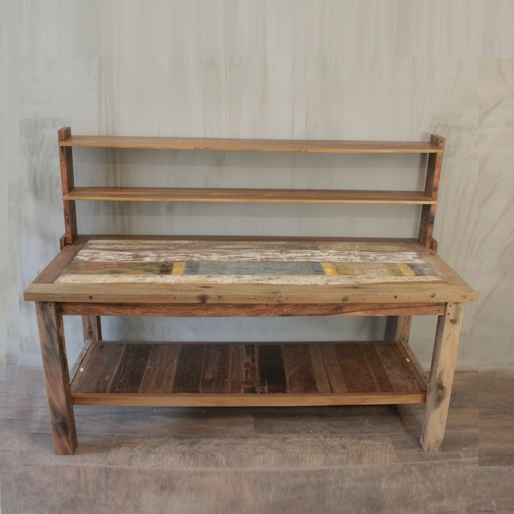 Recycled teak wood dining table with rustic reclaimed wood bench featuring a weathered finish and three shelves