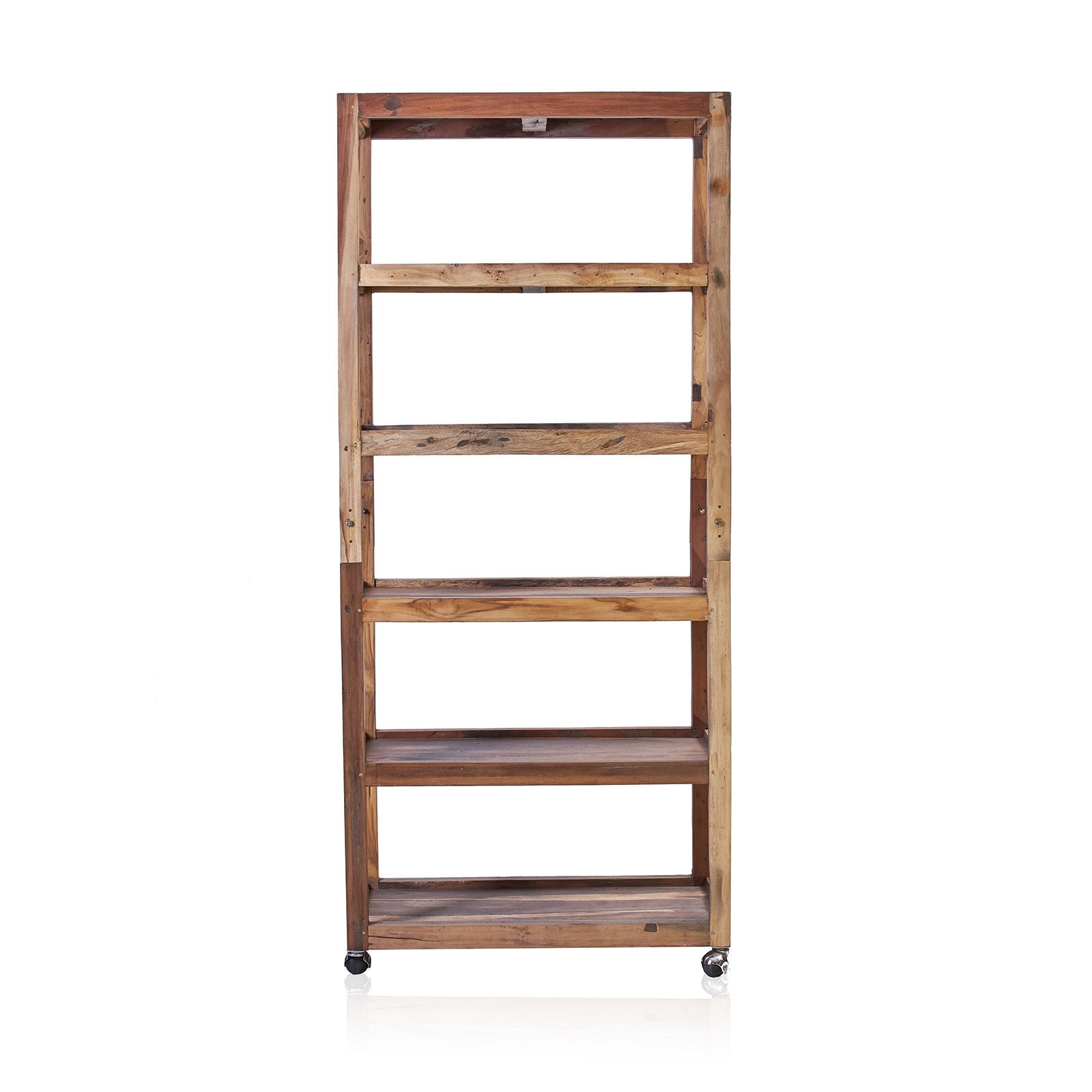 A rustic recycled teak wood ladder shelf with six natural wood shelves and black caster wheels for easy display